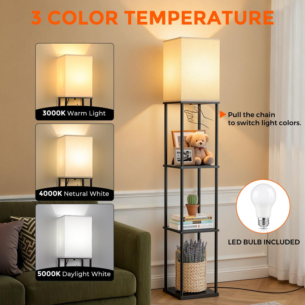 2-Pack Floor Lamp with Shelves, 3-Tier Square Bookshelf Standing Lamp