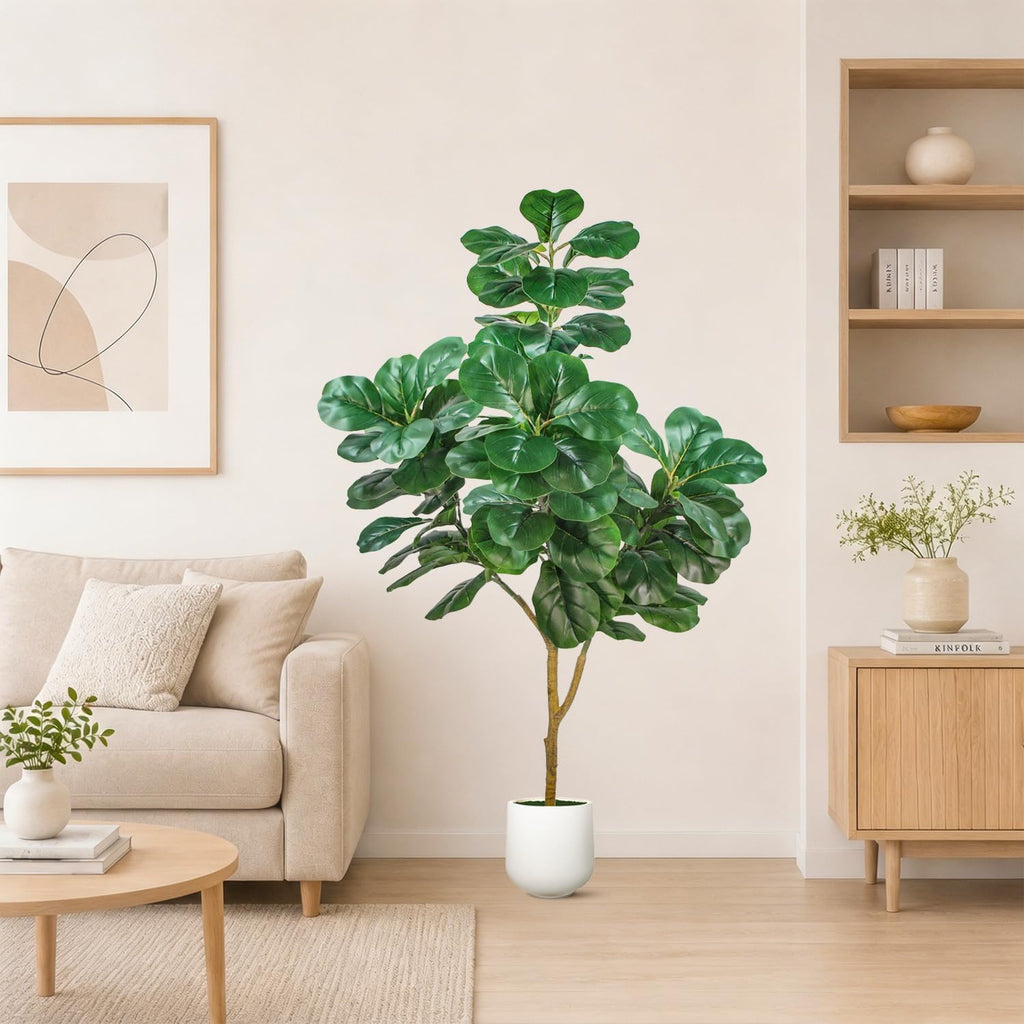 Artificial Fiddle Leaf Fig Tree, 5ft Realistic Fake Plants Faux Trees with White Planter, Artificial Plants Indoor
