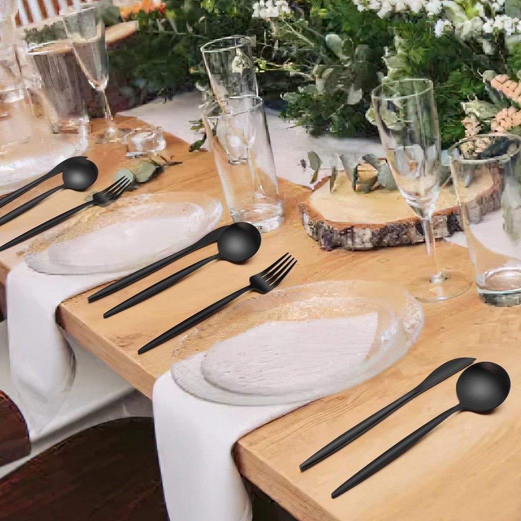 Matte Black Silverware Set 30 Piece, Stainless Steel Flatware Set Service for 6, Cutlery Utensil Sets Restaurant