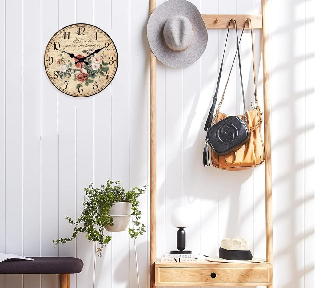 Vintage Rose Flower Wall Clock 20 Inch Rustic Country Floral