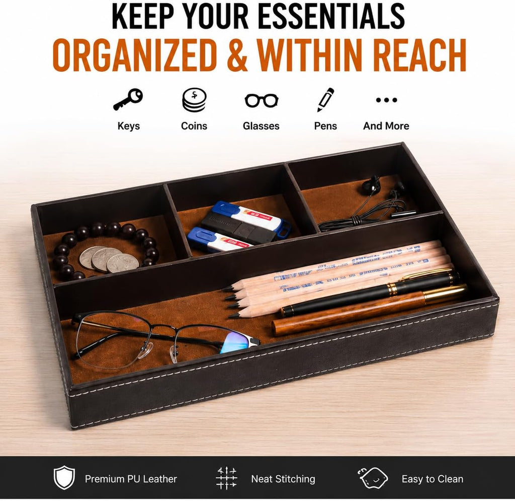 Valet Tray for Men & Women, Faux Leather Organizer Tray for Nightstand and Dresser, Jewelry, Keys, Wallet and Phone
