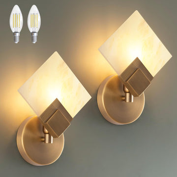 Marble Wall Sconces Set of 2, Natural Marble & Gold Square Wall Sconce Hardwired, Dimmable Wall Light Fixtures