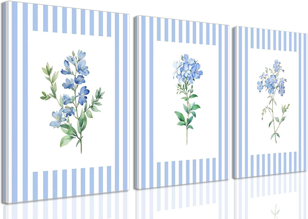 Rustic Blue and White Striped Canvas Floral Wall Art Prints Set of 3, Retro Cottagecore Botanical Flower Posters