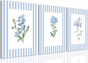 Rustic Blue and White Striped Canvas Floral Wall Art Prints Set of 3, Retro Cottagecore Botanical Flower Posters