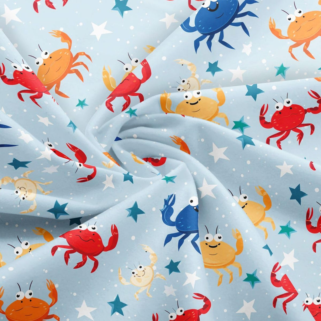 Watercolor Crab Fabric by The Yard, Ocean Theme Sealife Fabric, Cartoon Cute Sea Animals Fabric Decor, Geometric Star