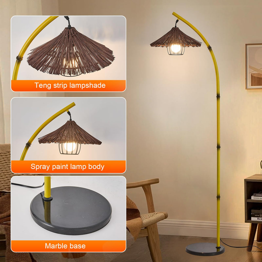 Bamboo Floor lamp Mid Century Rattan Retro Floor lamp Bohemian, Arc Floor Lamps Tall Reading Lamps Antique Rattan