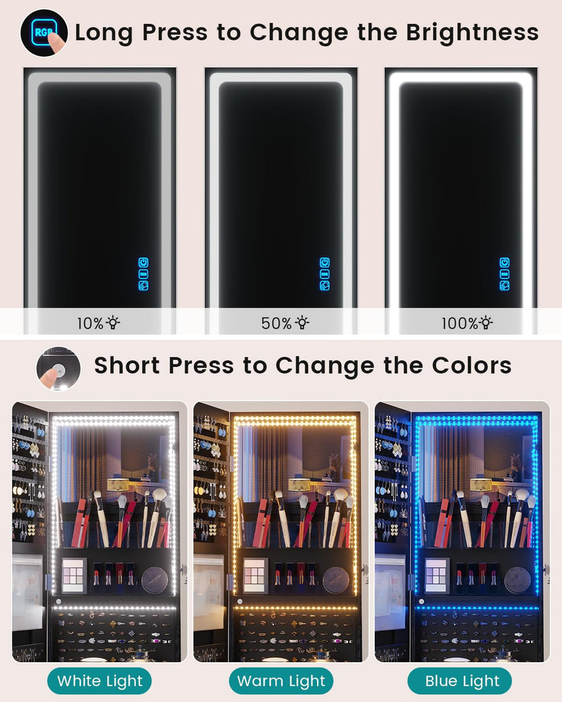 LED Mirror Jewelry Cabinet with Lights, 360° Swivel, Black