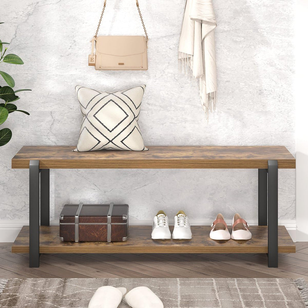 Entryway Bench, Industrial Shoe Storage Bench Bedroom, Rustic Brown