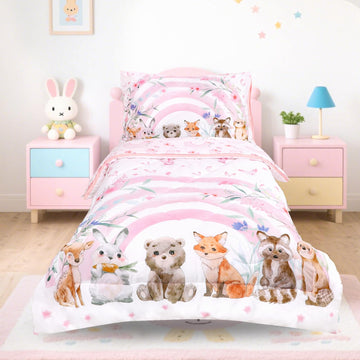 Toddler Bedding Set for Girls - 4 Piece Rainbow Toddler Comforter Set Includes Fitted Sheet, Comforter, Pillowcase &