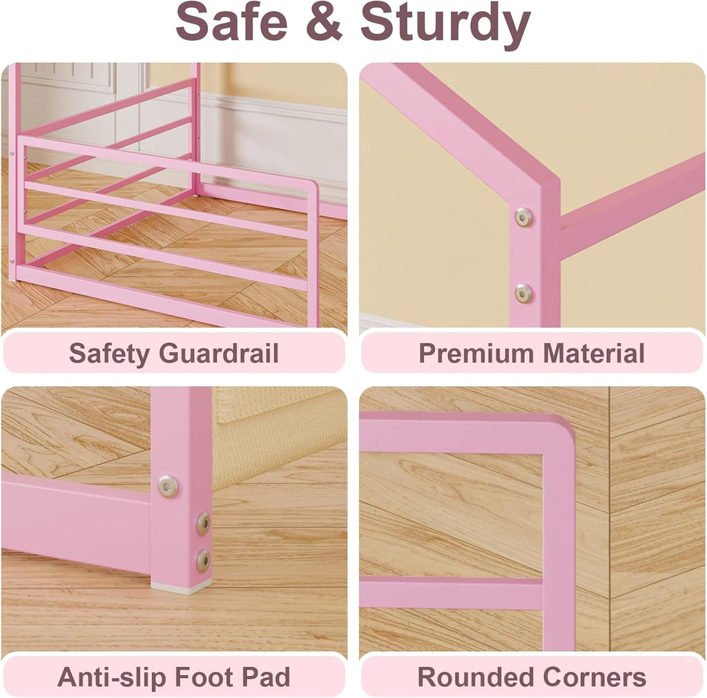 Metal Montessori House Bed for Kids, Pink