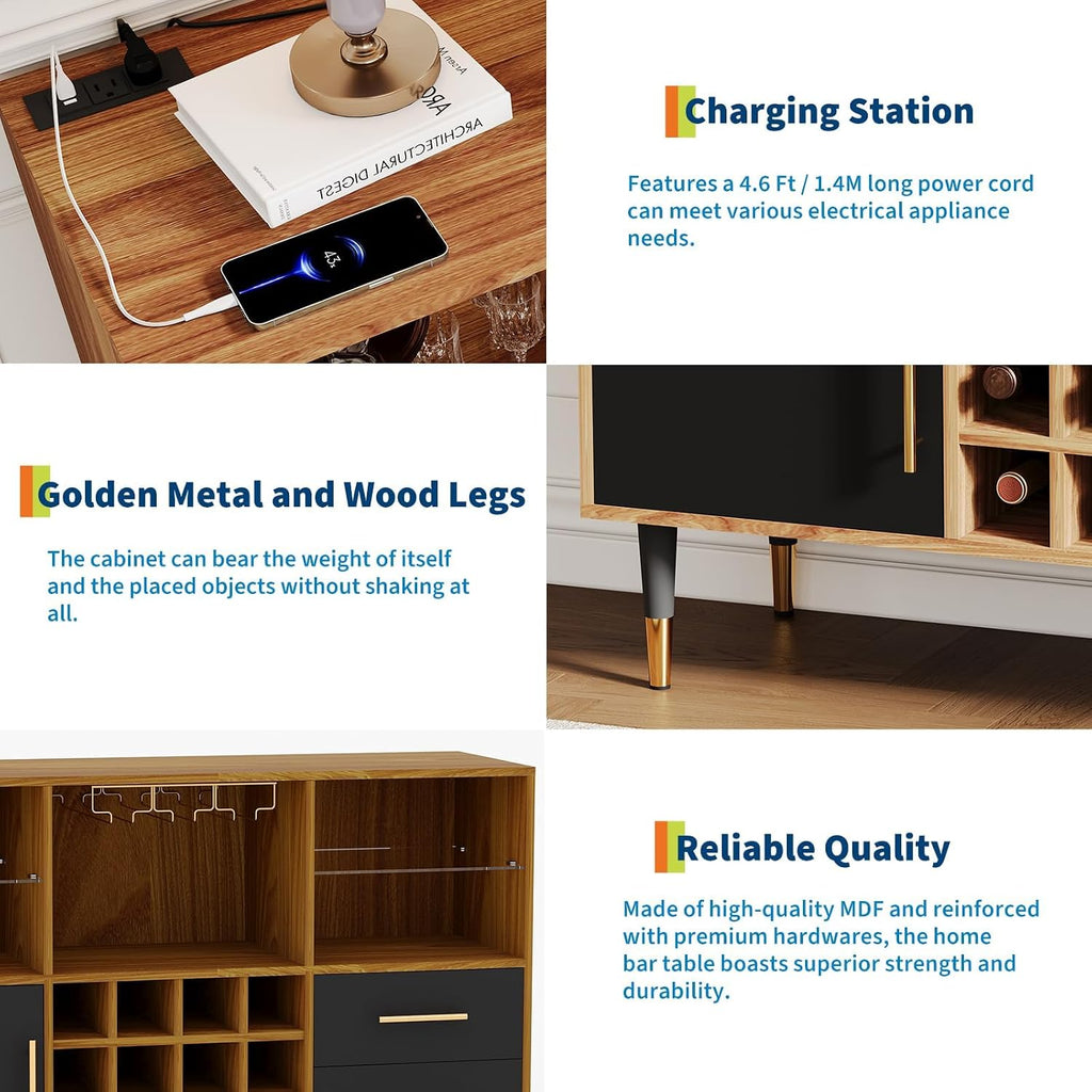 47 Inch Modern Bar Cabinet, Wood Sideboard Buffet with LED Lights, Charging Station, Wine Rack, Drawers & Doors