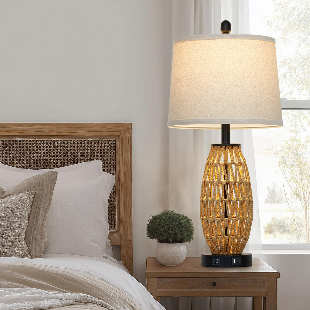 27" Boho Rattan Table Lamp with Night Light, Wicker Bedside Lamp with USB A+C Charging Port, Woven Coastal Bedroom