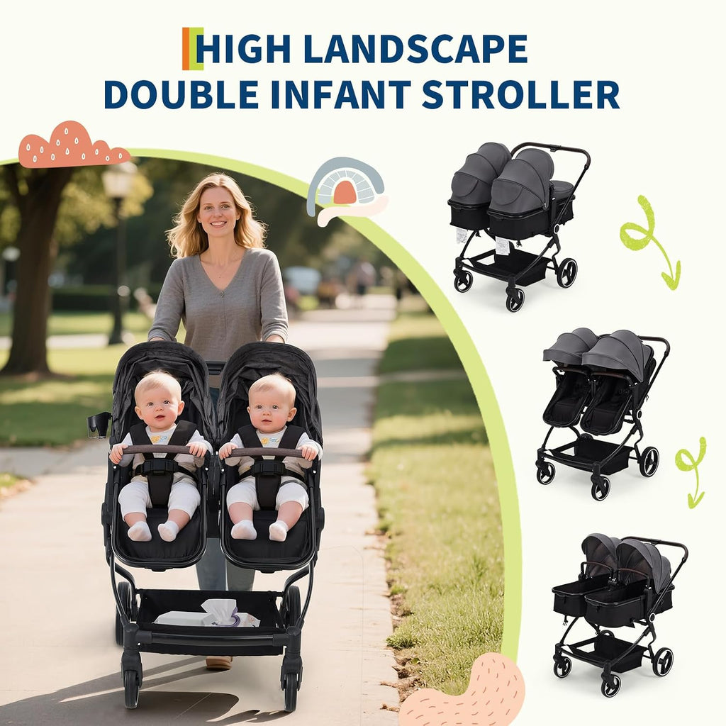 Double Stroller for Twins, One-Click Quick Fold Lightweight Newborn and Toddler Stroller with Point Safety Harness