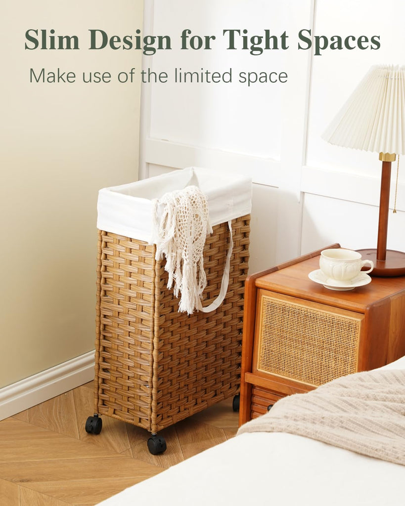 Slim Laundry Hamper with Wheels, 48L Narrow Laundry Hamper Natural