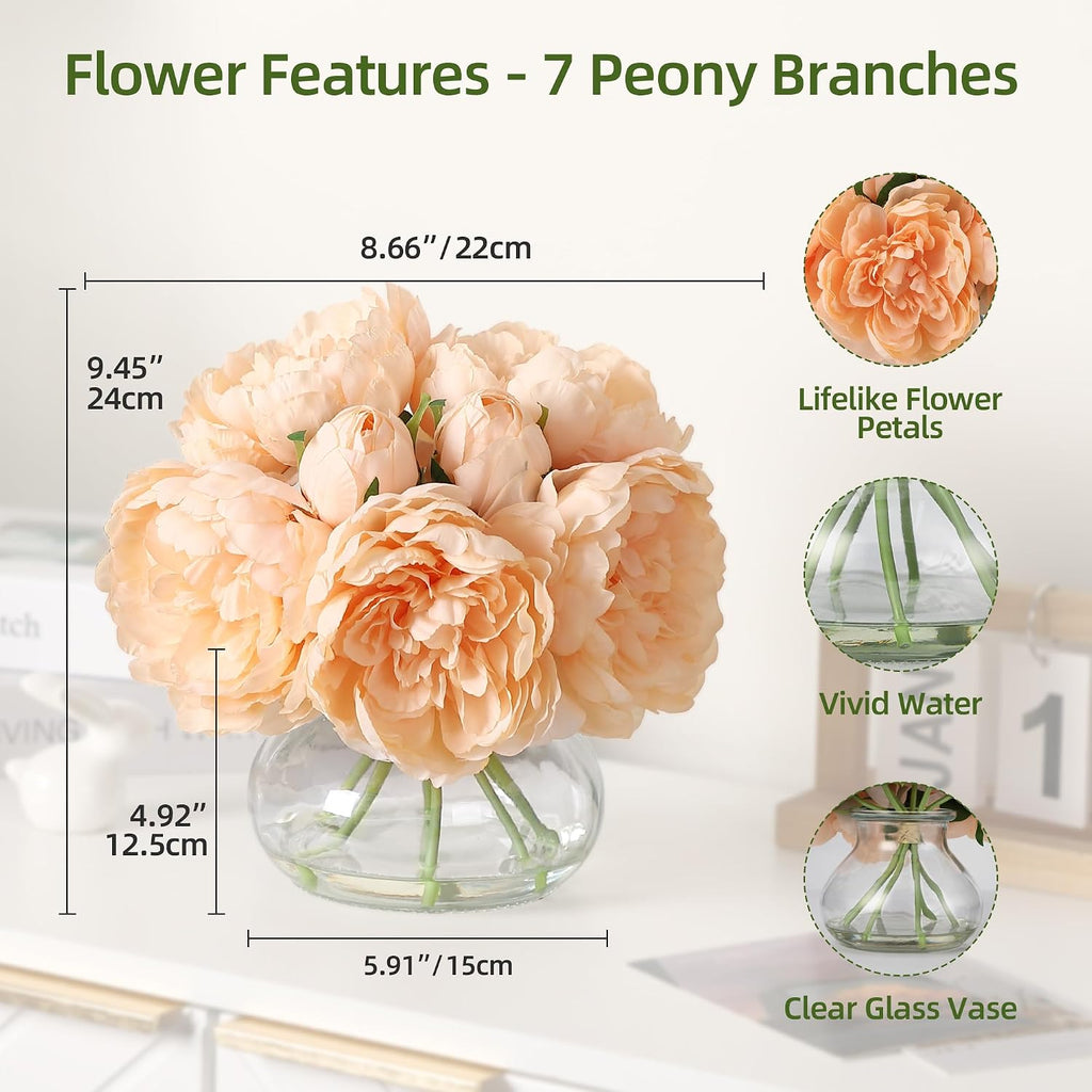 Real Touch Artificial Peonies in Glass Vase, 6 Stems Faux Flowers with Faux Water, Silk Peony Arrangements - Set of 7