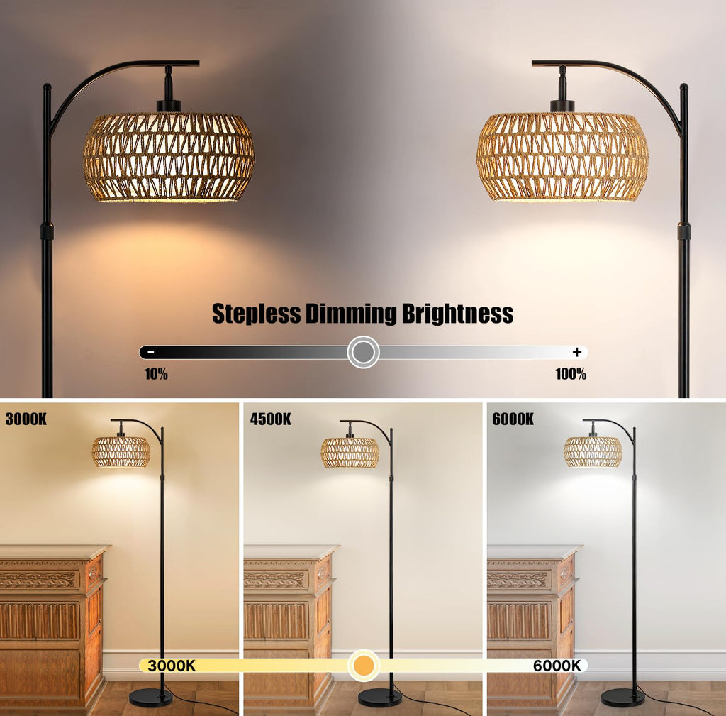 Arc Floor Lamp with Remote Control, Boho Farmhouse Standing Lamp with Stepless Dimmable Bulb and Fabric & Rattan