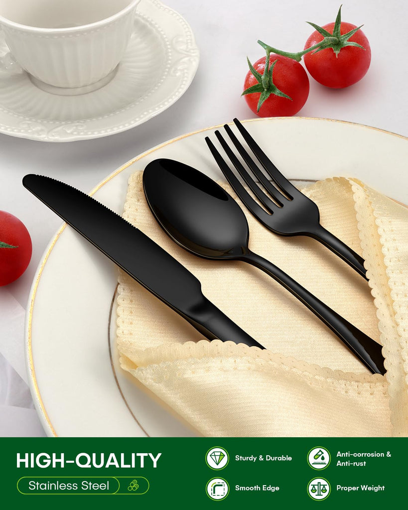 Black Silverware Set, 48-Piece Flatware Set with Steak Knives for 8, Stainless Steel Mirror Cutlery Include Forks