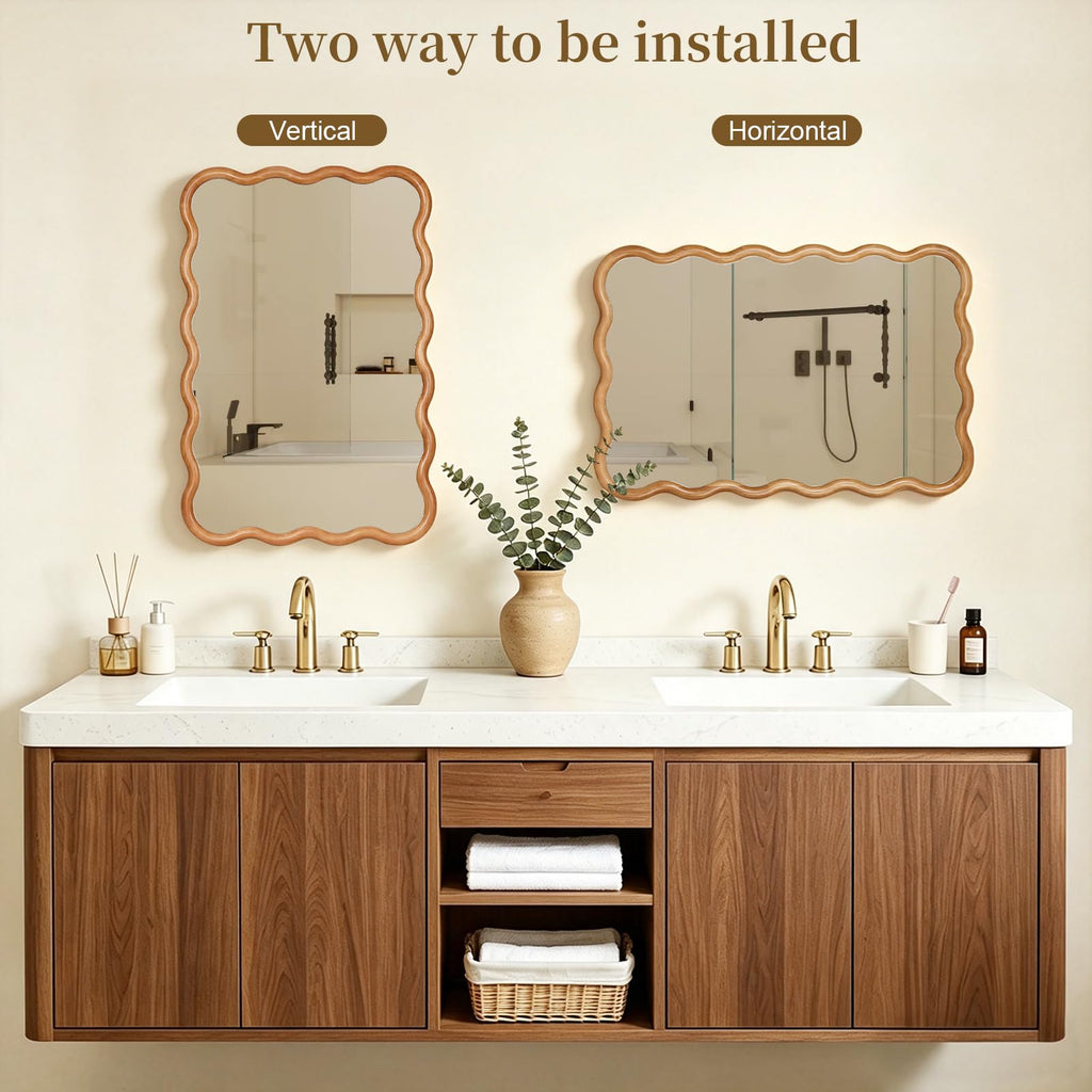 24"x36" Wavy Wood Mirror, Rectangular Wall Mirror with Natural Wooden Frame, Boho Farmhouse Country Bathroom Vanity