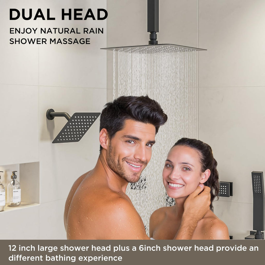 Shower Systems with Body Jets, 4 Way 12+6" Rainfall Shower Head with Handheld Spray Combo, Ceiling Mounted Shower