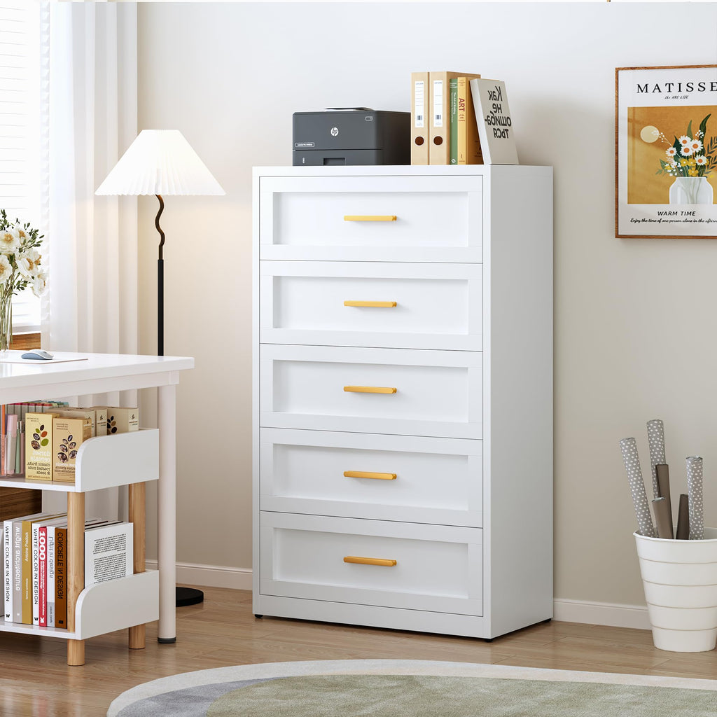 White Metal Dresser with 5 Spacious Drawers, Modern Chest of Drawers with Gold Handles, Metal Chest of Drawers