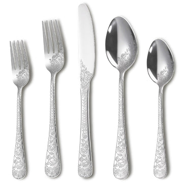 Modern Carved Floral Silver Stainless Steel 20-Piece Flatware Set