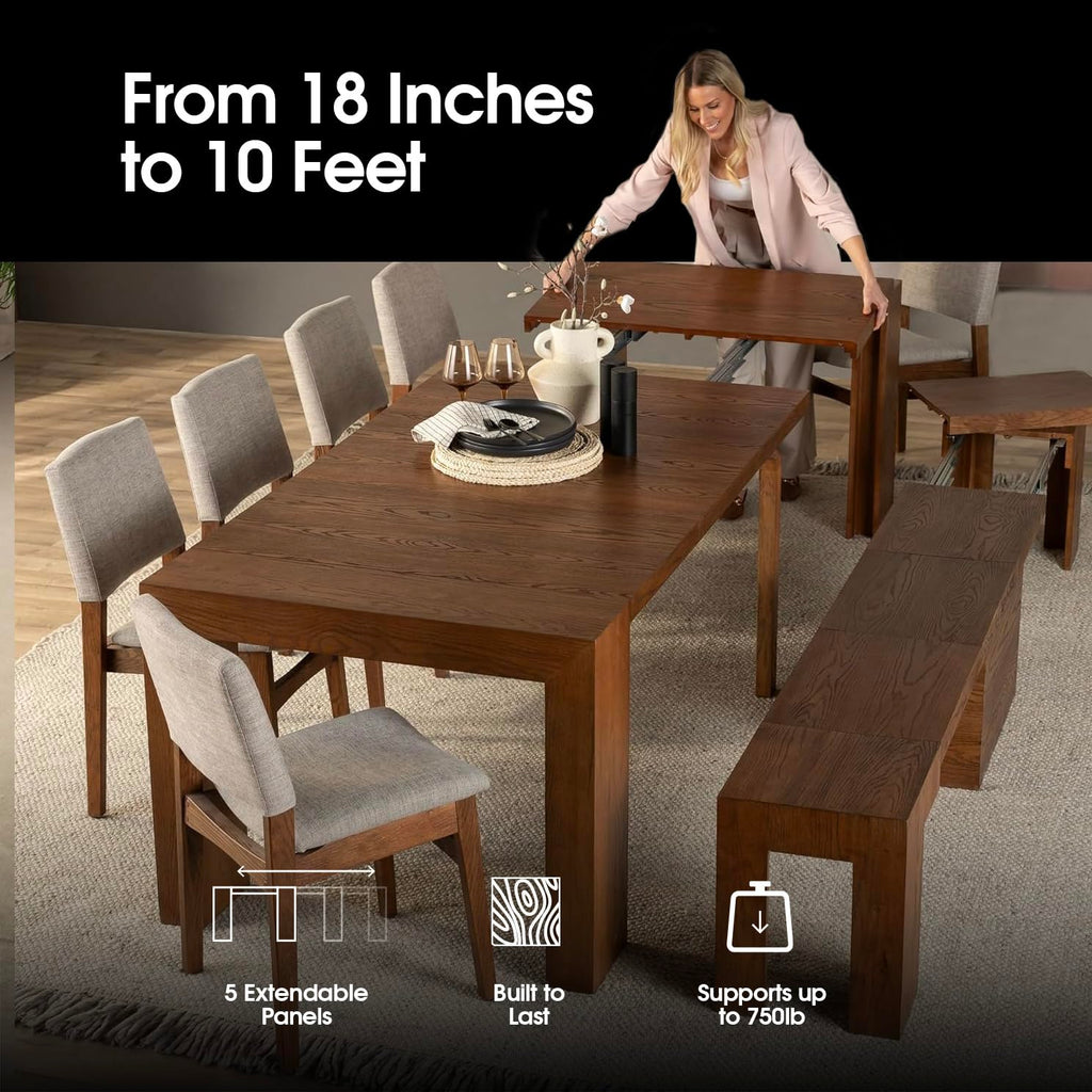 Solid Wood Extendable Dining Table, Seats 2-12, Expandable Dining Room Table, Space-Saving Furniture, Expandable