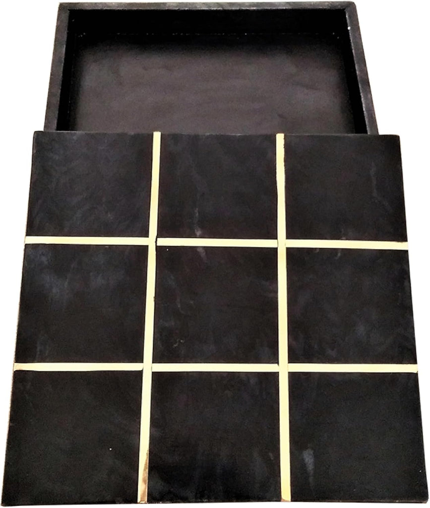 Leza Tic Tac Toe Game Set, Black Marble with Gold Inlay, 12 Inch