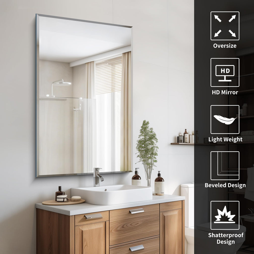 Beveled Mirror, 30x48 Large Frameless Bathroom Mirrors for Wall, 3mm Tempered Glass Rectangle Vanity Mirror with