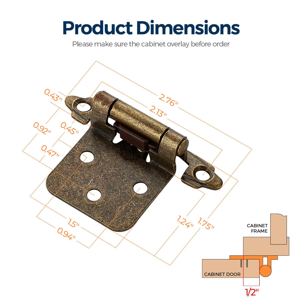 Antique Bronze Cabinet Hinges, 1/2 Inch Overlay, 60 Pack (30 Pairs)