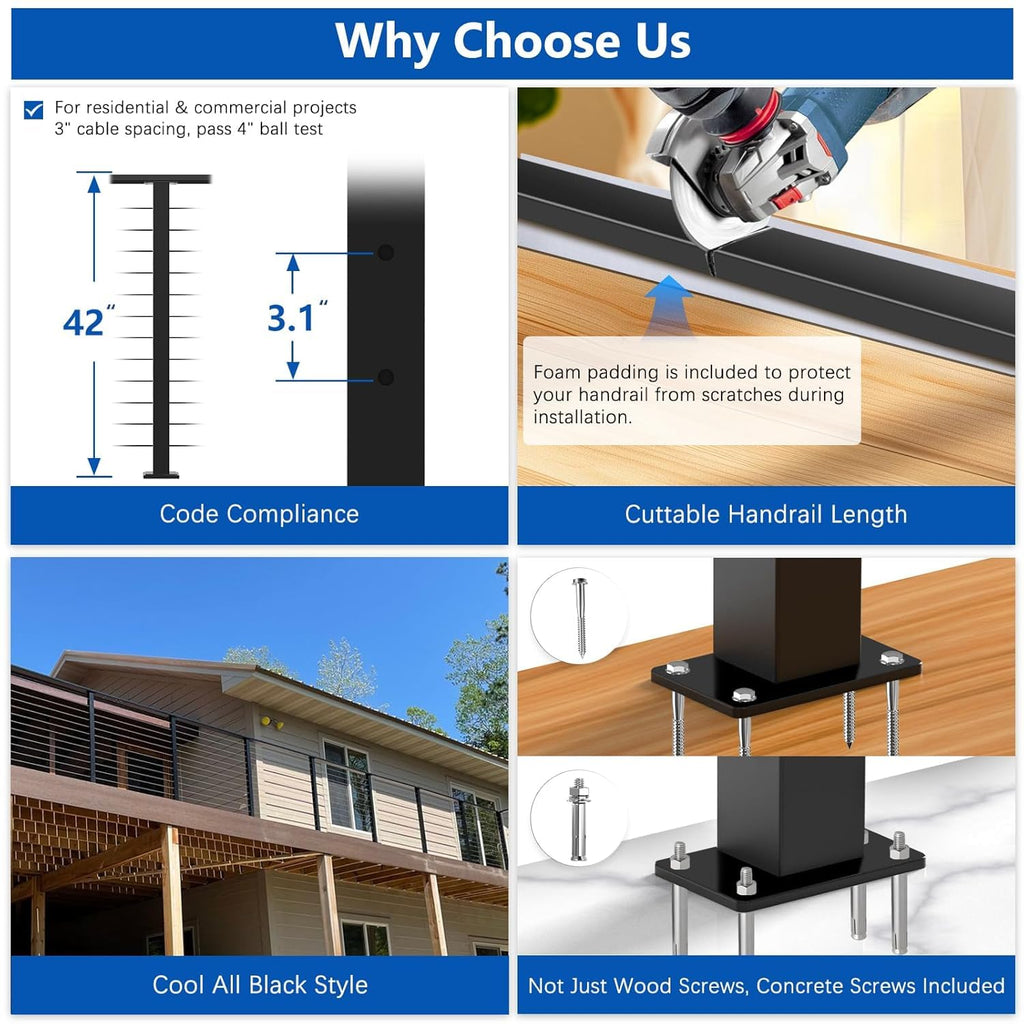 12ft-16ft Modular 42in Cable Railing System for Deck with Handrail