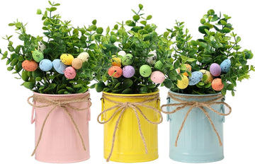 3 Pk Artificial Eucalyptus Potted Plants with Eggs Easter Farmhouse Decor