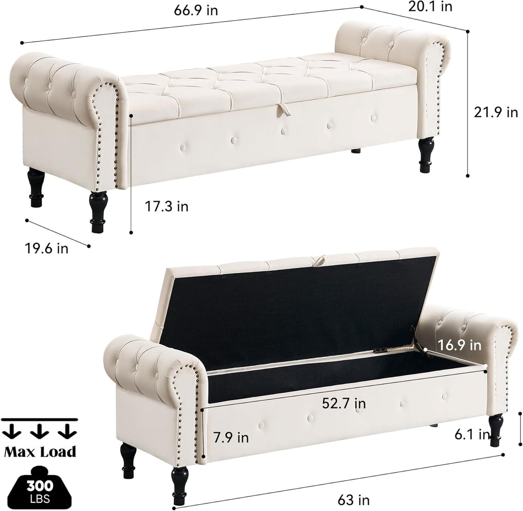 Storage Bench 67" Velvet End of Bed Benches Cream Beige | King Size Storage Bench with Rolled Arms Tufted Ottoman
