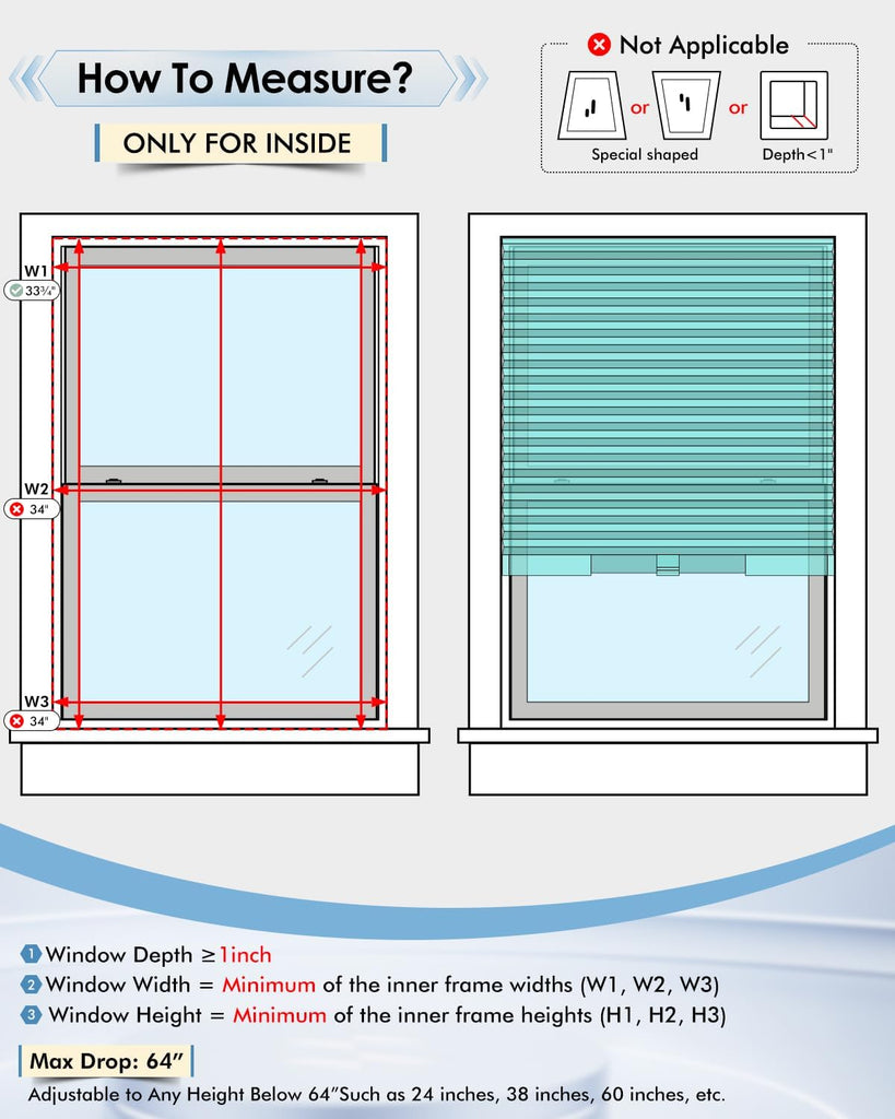 No Drill Cellular Shades, Trim-to-Fit Blackout Cordless Honeycomb Blinds | Easy Install Window Shades, Thermal
