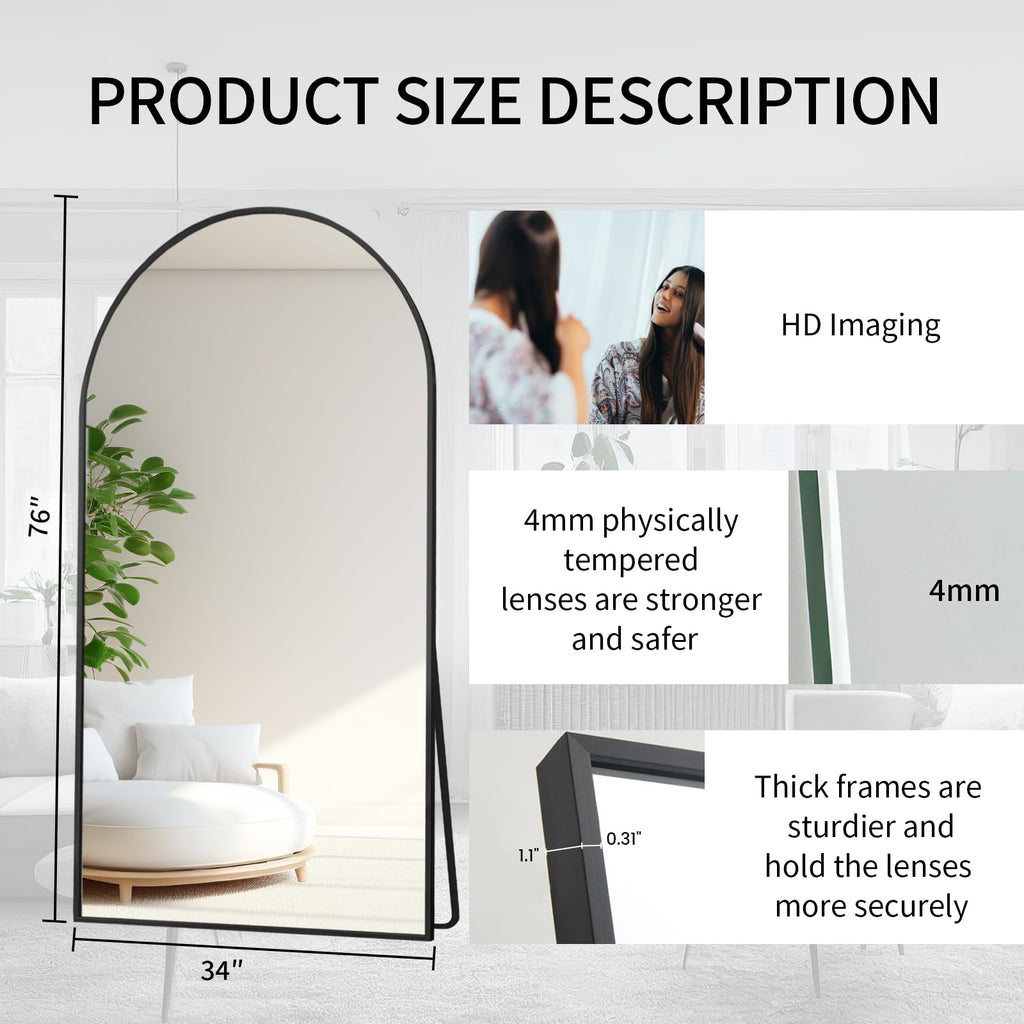 76" x 34" Arched Full Length Mirror with Stand, Black Floor Mirror
