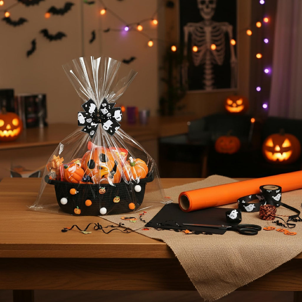Halloween Woven Gift Basket Empty with Bow Clip Wrap Bag, Black
