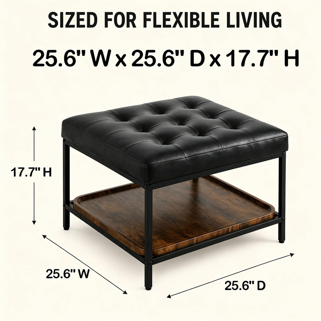 Square Ottoman Coffee Table with Storage Bench, Black Faux Leather