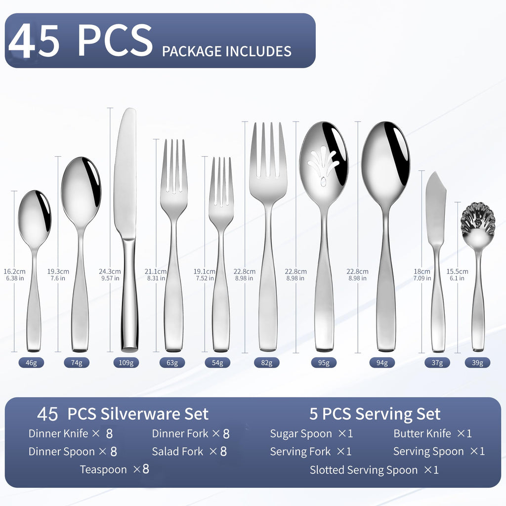 45 Piece Heavy Duty Silverware for 8, 18/10 Stainless Steel Flatware Set