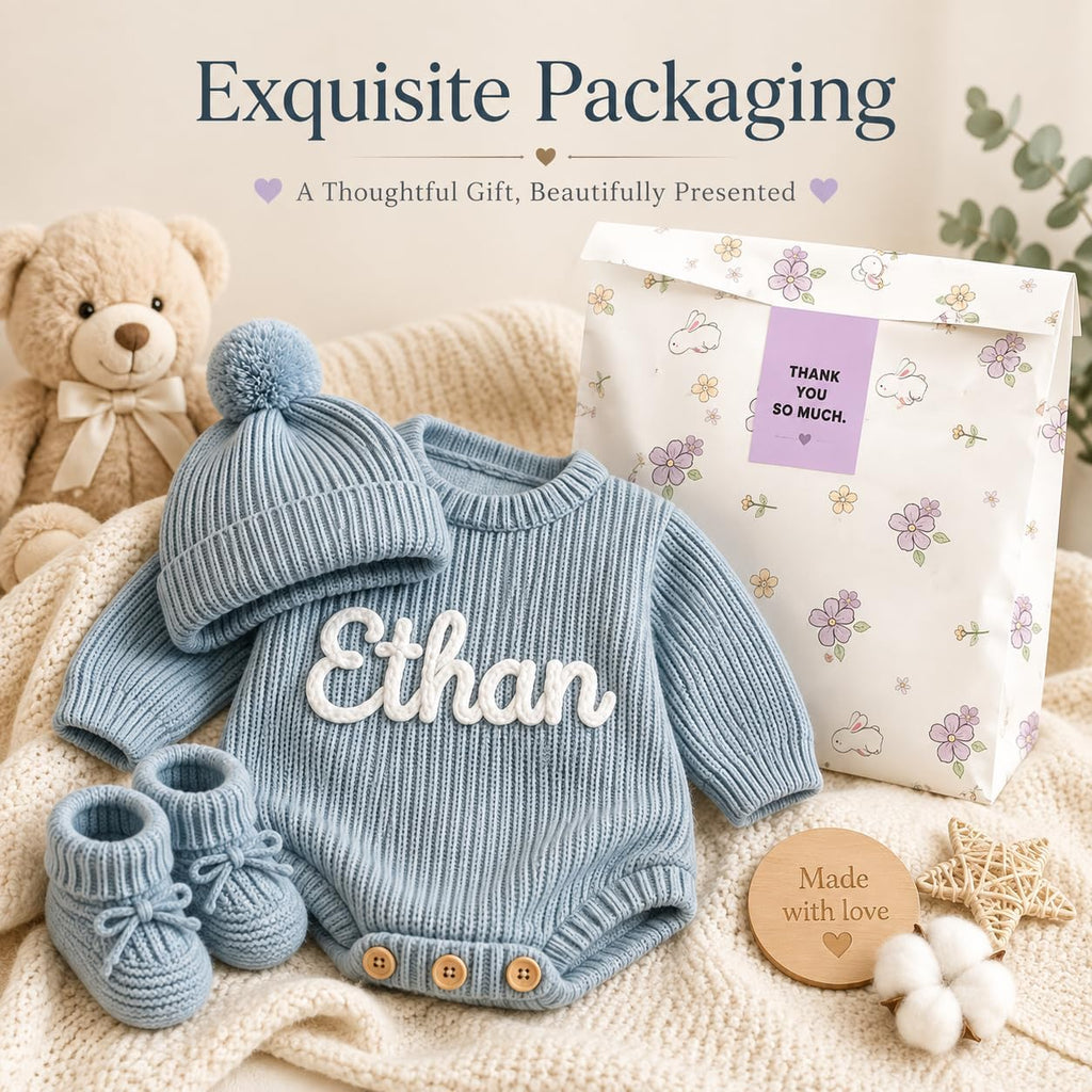 Personalized Embroidered Baby Romper Set Cotton Newborn Coming Home Outfit Knit Sweater Gender Neutral Gift