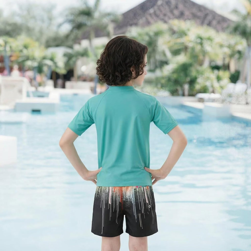 Boys Rash Guard Swimsuits Set for Boys Short Sleeve Swim Shirts with Trunks 2 Piece Quick Dry Swim Set