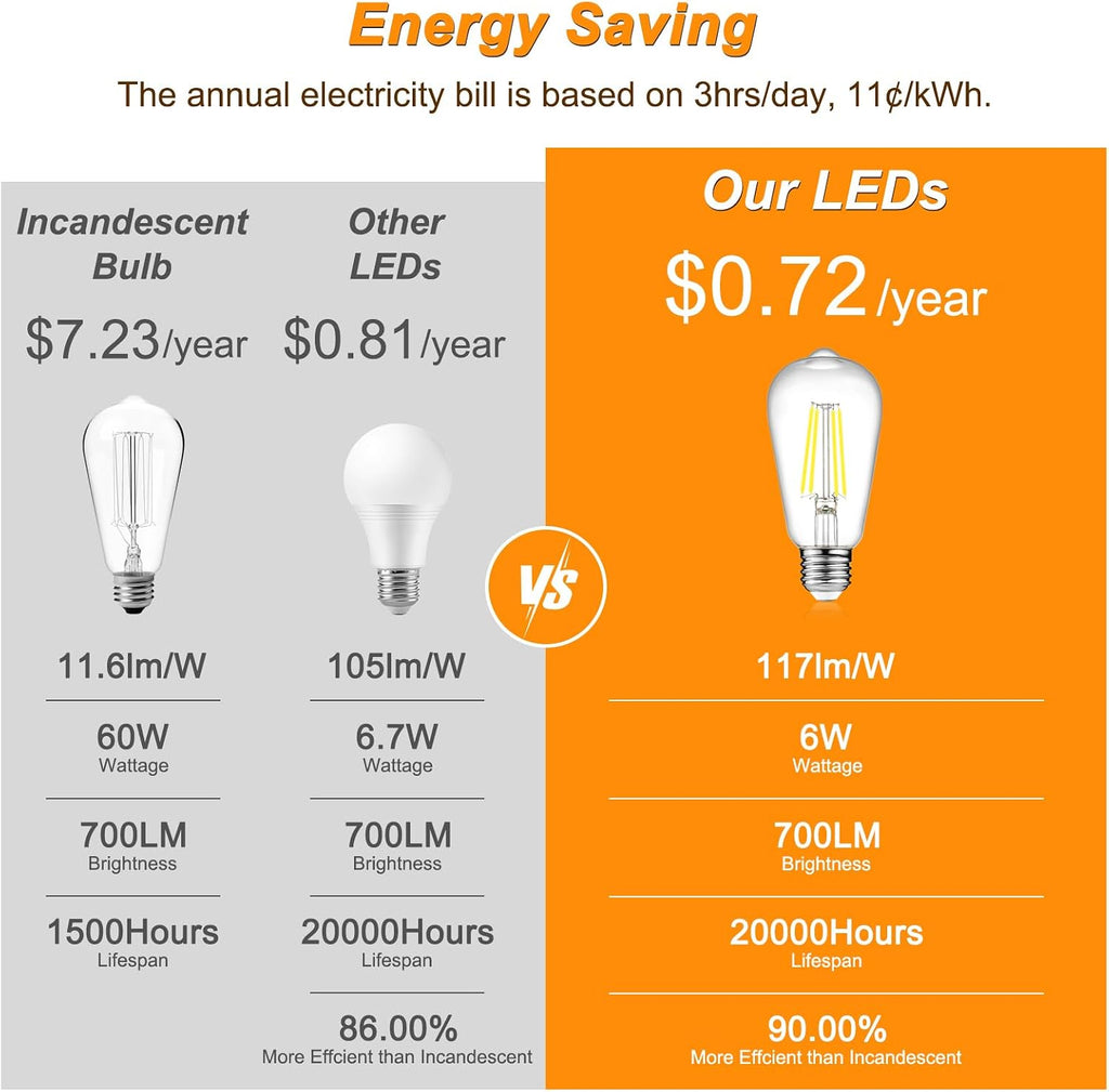 LED Edison Bulbs, E26 Base Vintage Light Bulb, 6W (60W Equivalent)