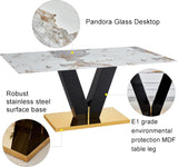 Marble Dining Table,Modern Dining Room Table with Golden Stainless Steel Base,Marble Kitchen Table for 8 People,71''