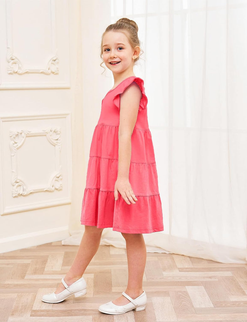 Girl's Dresses Cotton Ruffle Sleeve Tiered Swing A-Line Cute Midi Casual Sundress