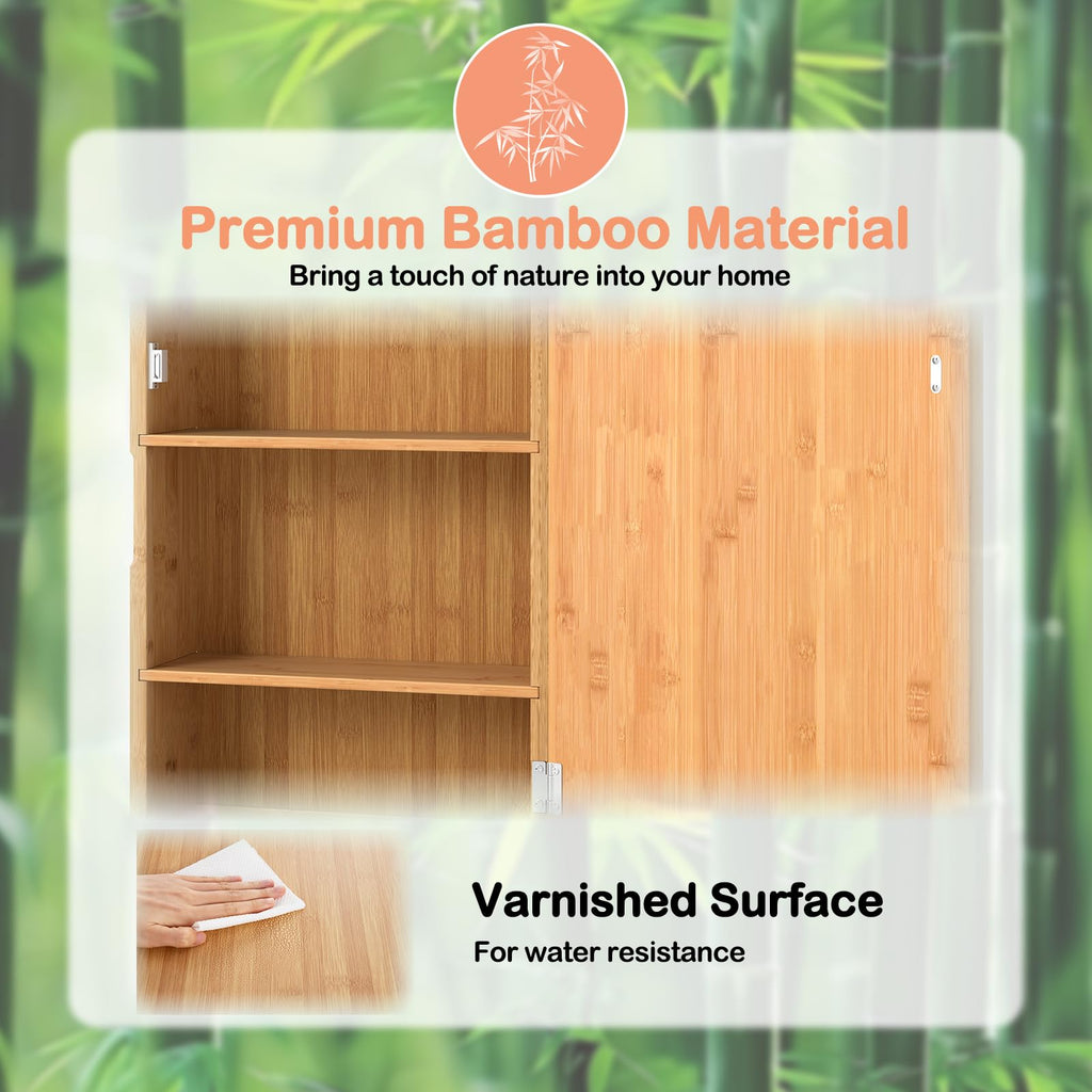 Bamboo Medicine Cabinet with Mirror, 14" x 24" Small Bathroom Mirror with Storage, 2 Removable Shelves, Farmhouse