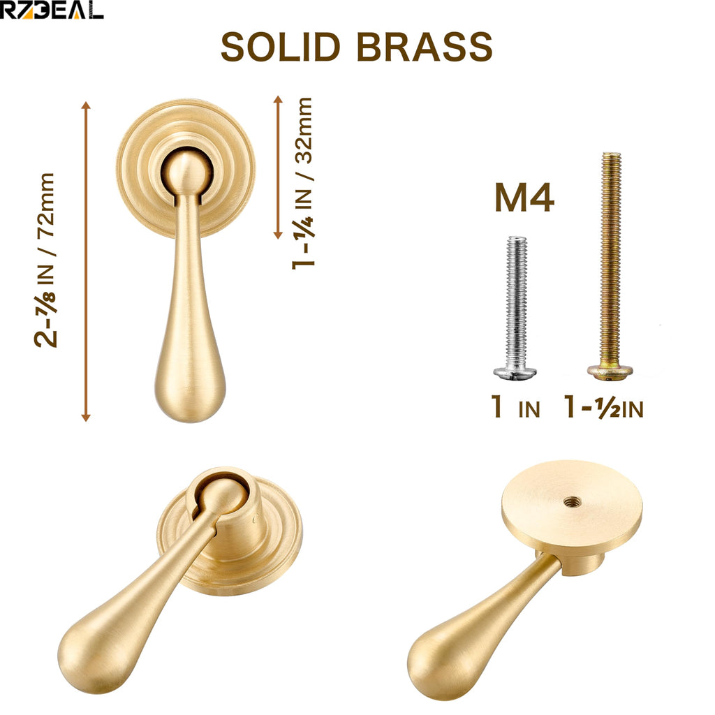 Solid Brass Cabinet Knobs 6 Pack, Modern Brass Brushed Pendant Drop Knob,Gold Cabinets Drop Pulls Drawer and Dresser