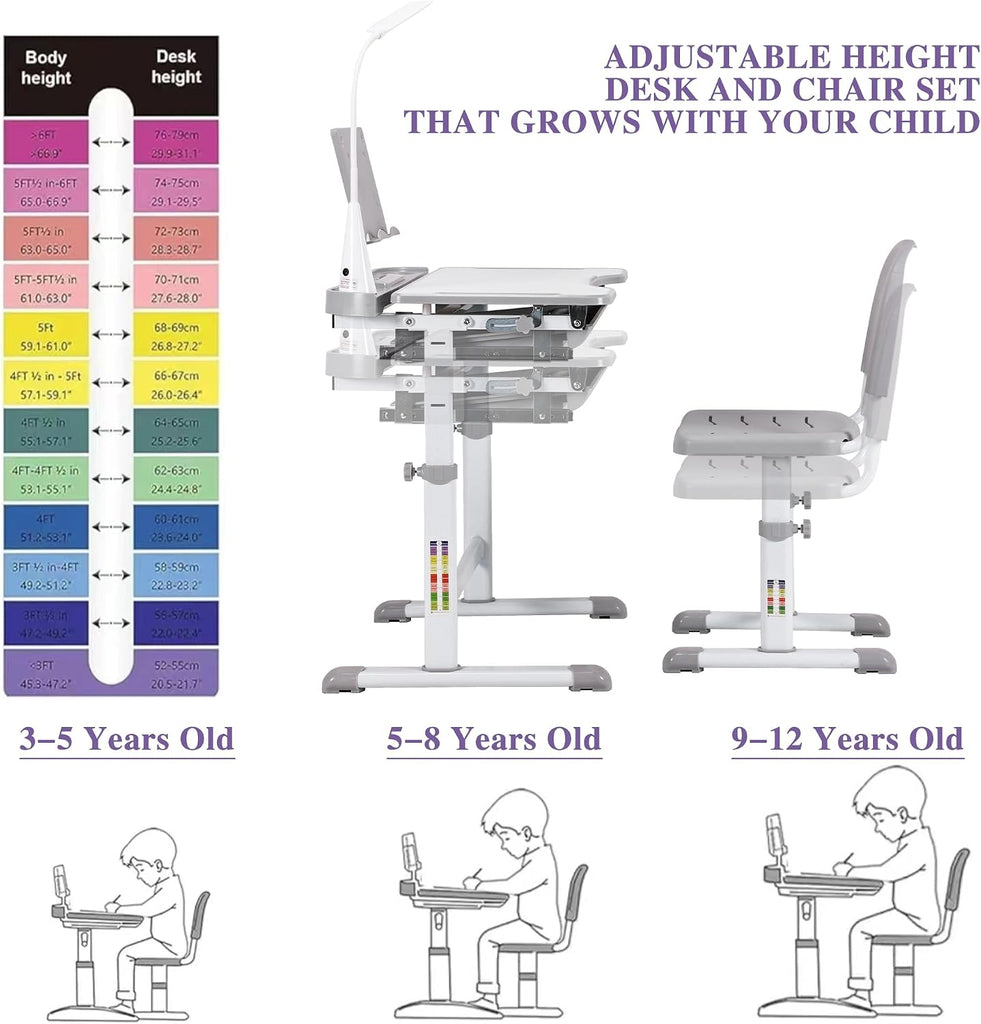 Kids Study Desk and Chair Set, Height Adjustable Children's Desk with LED Lamp, Tilting Desktop, Pull-Out Drawer