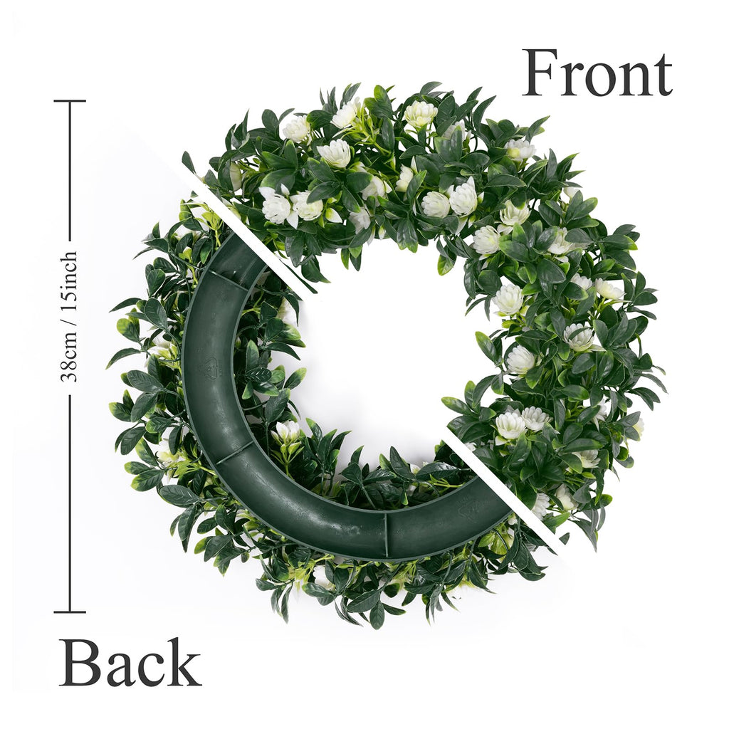 15" Front Door Boxwood Wreaths, Spring Summer Green Wreath White