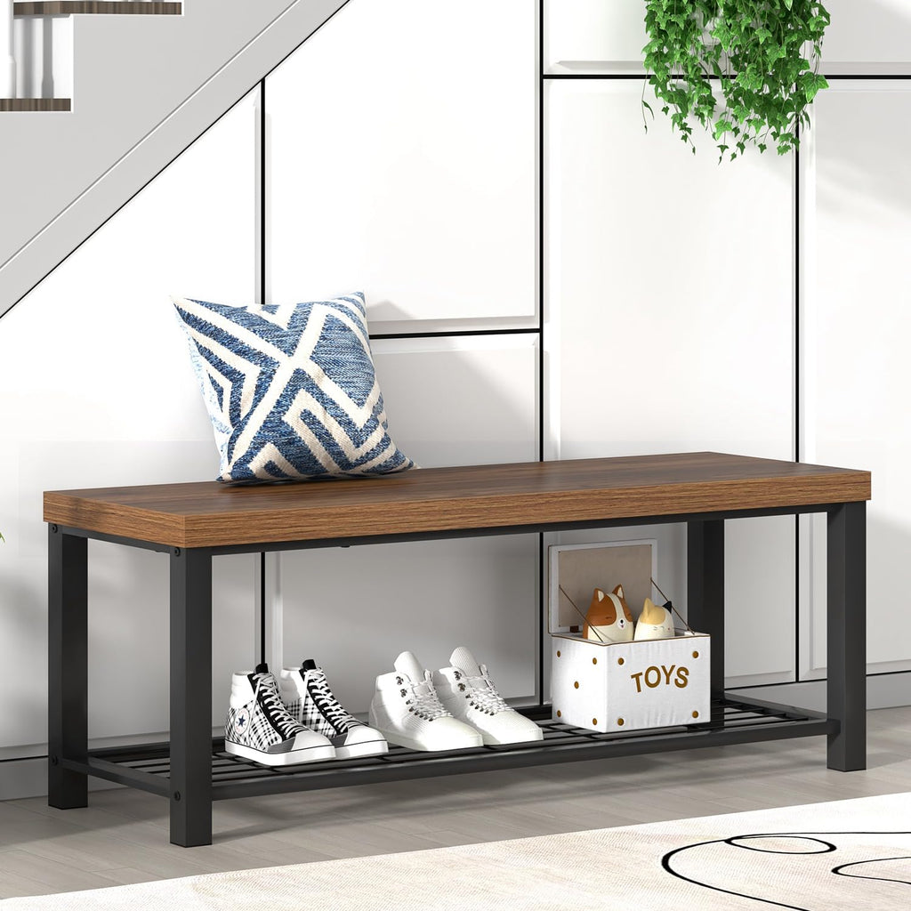 Modern Entryway Bench - Rustic Wood and Metal Shoe Storage Front Door Entrance, Industrial Indoor Seat Living Room
