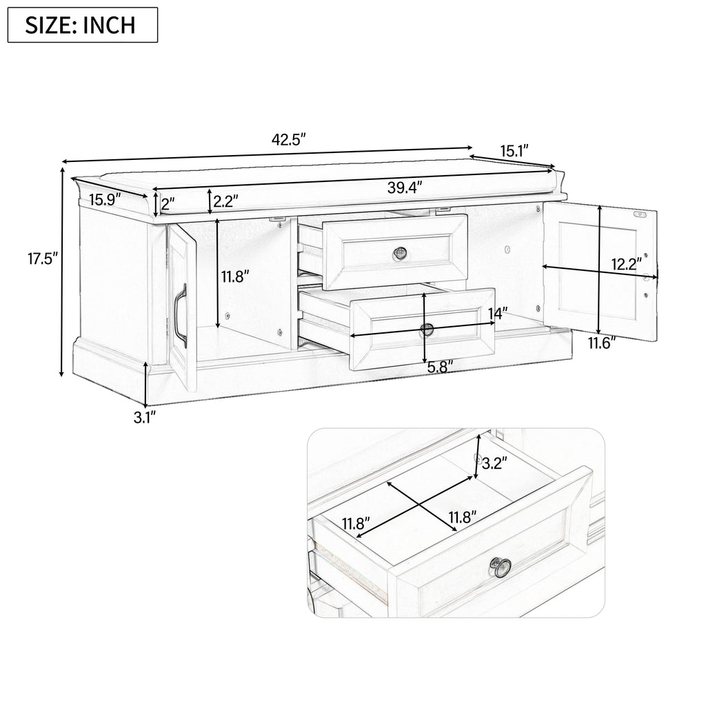 Rustic Wood Shoe Storage Bench with 2 Drawers and 2 Cabinets Hallway Front Door Black