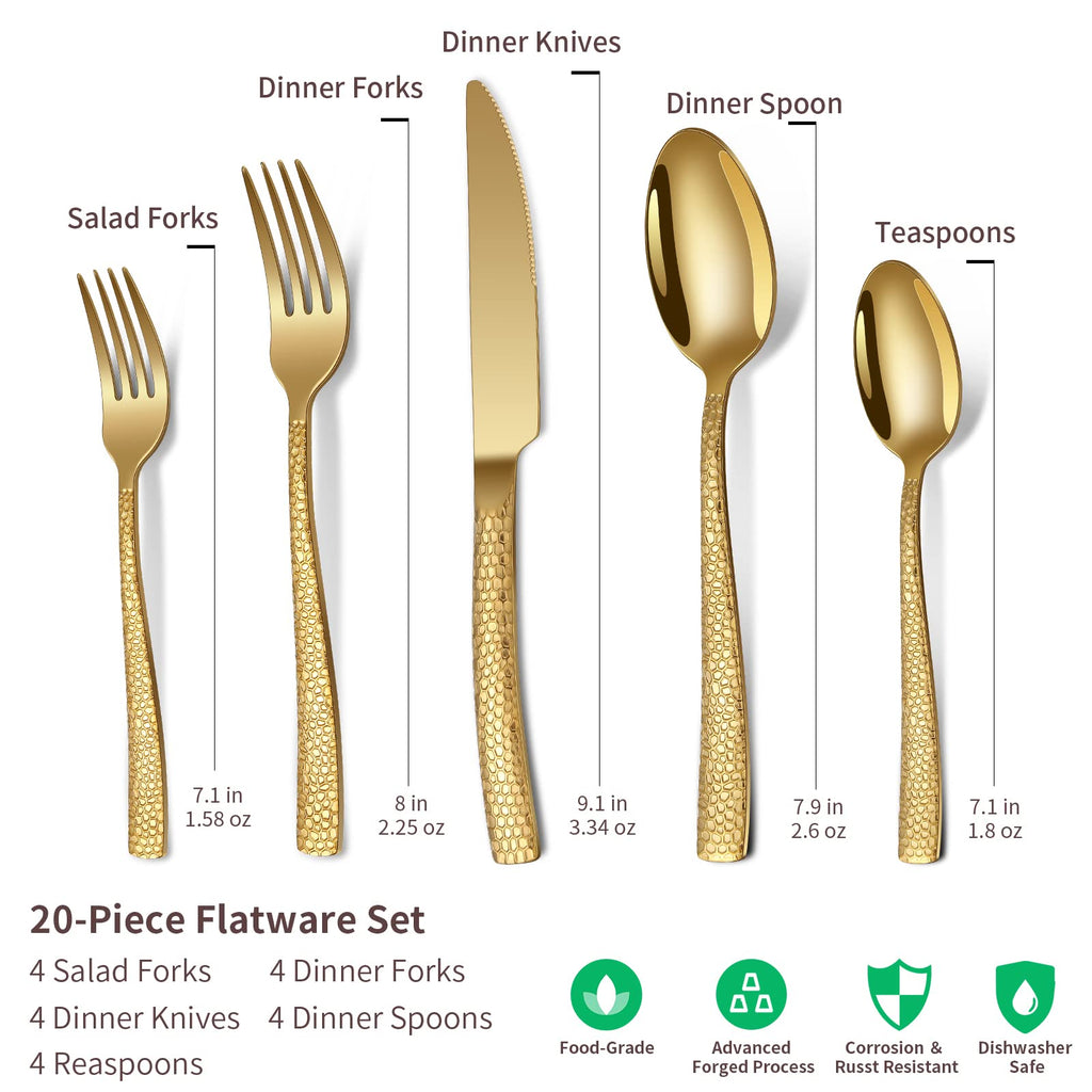 20-Piece Gold Silverware Set, Stainless Steel Hammered Flatware Set for 4