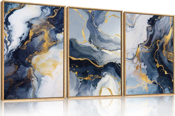 Navy Blue and Gold Framed Canvas Wall Art Set,Mid-Century Modern Abstract Wall Decor,Navy Blue Ink Wash